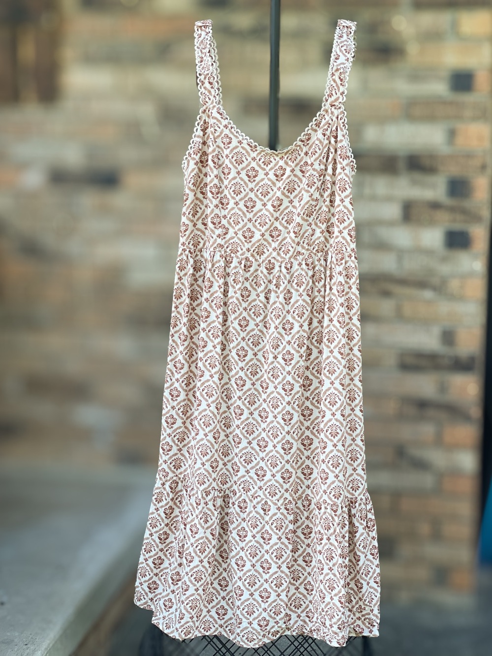 Lucky Brand Large Cream Brown Print Midi Dress Crochet Trim Boho
